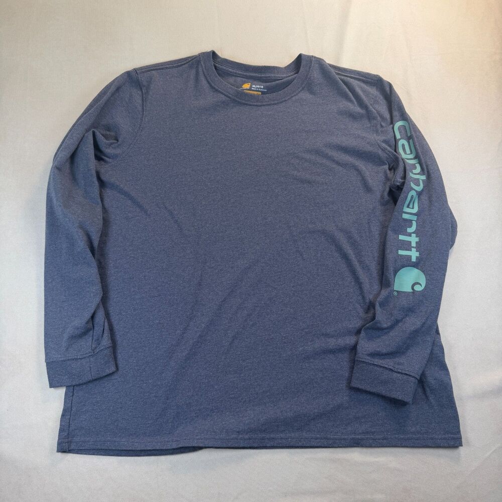 Carhartt Boys XL 16 18 Long Sleeve Logo Graphic T Shirt Blue Original Fit Tee